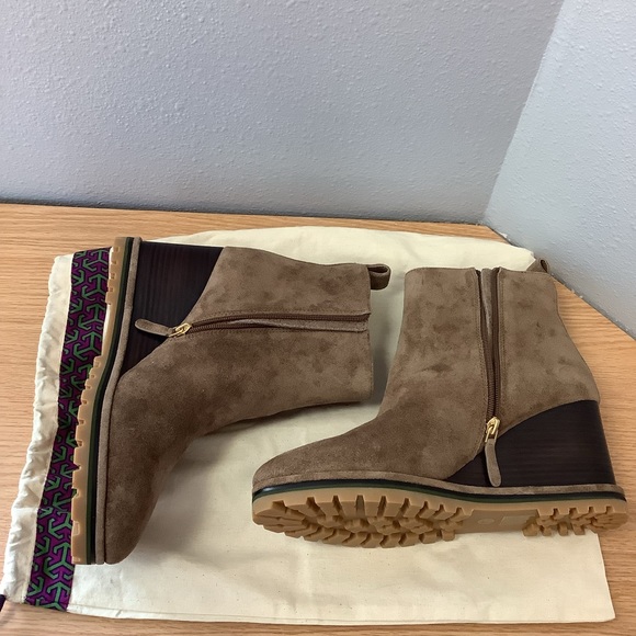 Tory Burch “Suede Logo Lug Sole Wedge Boot” - Picture 5 of 13